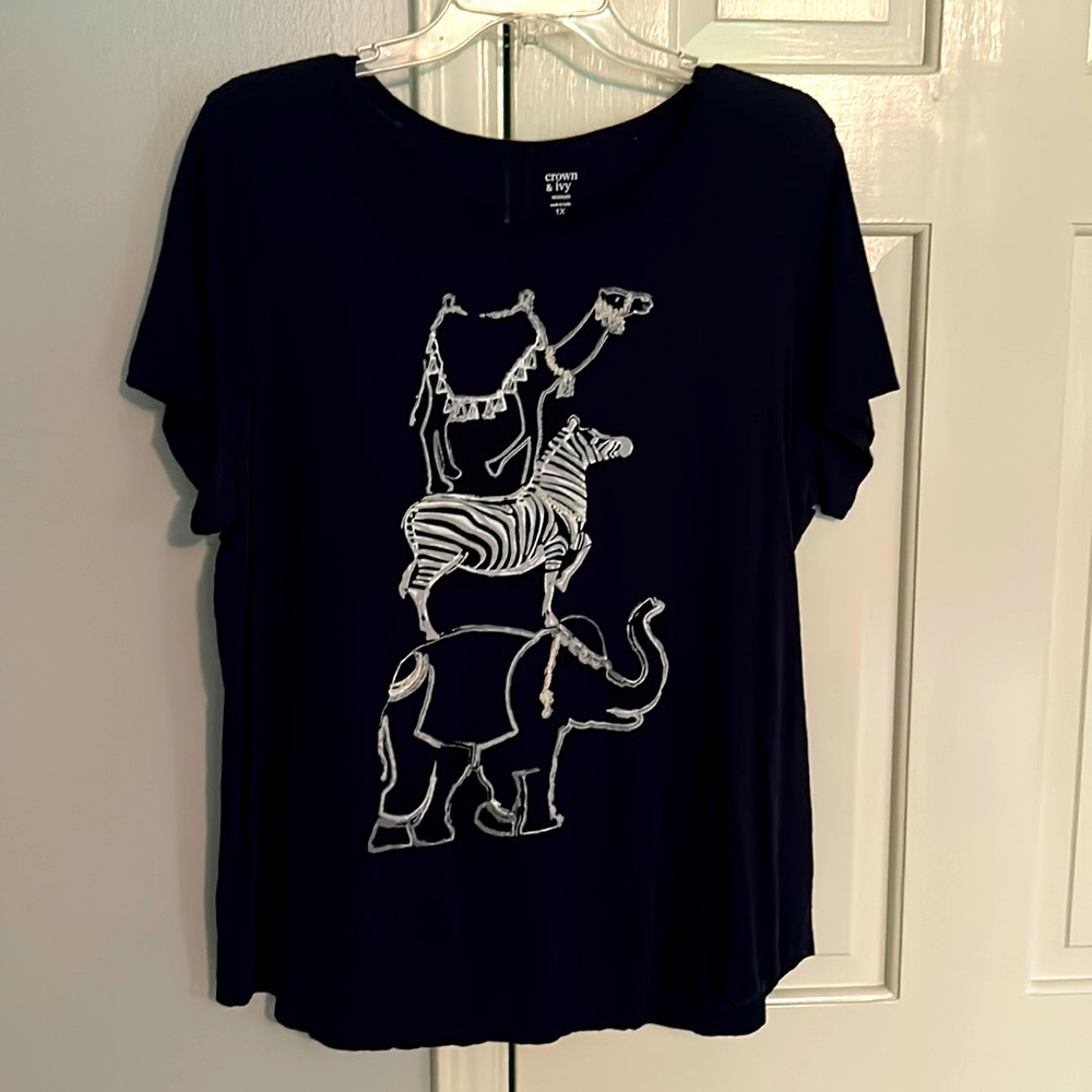 Navy tee with elephant, zebra, and camel. Crown & Ivy. Size 1X. So cute!
